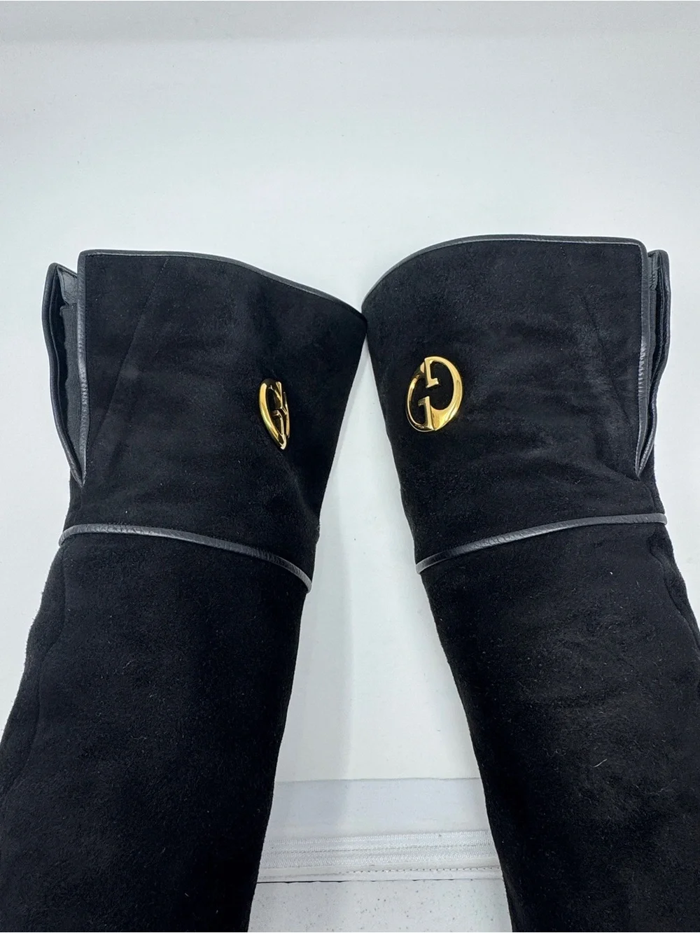 Gucci Black Suede Over-the-Knee Boots with Gold Logo Accent size 38